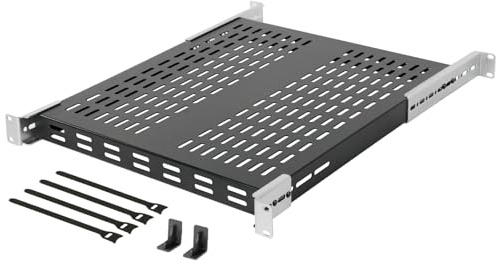 Tecmojo 1U 19 tum 550mm djup Hylla, Justerbart Djup 343-800mm, för Fast Montering, Ventilerad Serverrackhylla, Lastkapacitet 110kg, Svart