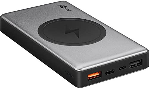 goobay 55152 Powerbank 10000mAh mit Qi Ladegerät, Quickcharge QC 3.0, 2X USB Plus USB-C im Aluminium Gehäuse drahtloses Laden