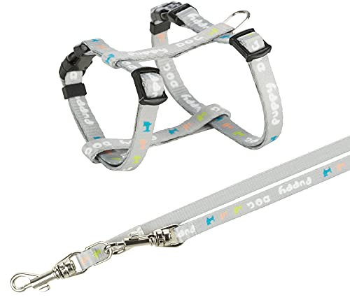 TRIXIE Junior Welpengeschirr mit Leine Größe S–M: Brustumfang 23–34 cm/8 mm in hellgrau - anpassbares Hundegeschirr zur Erziehung mit 3fach verstellbarer Leine für kleine Hunde, 15340