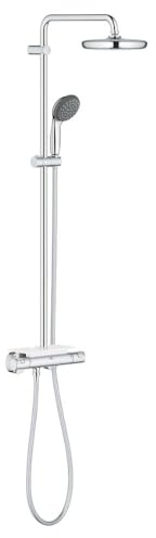 GROHE Vitalio Start 210 - Duschsystem med termostat och bricka (säkerhetsknapp vid 38°C, vattenbesparande teknik, huvuddusch 21 cm, 2-spray handdusch 10 cm, duschslang 1,75 m), krom, 26814001