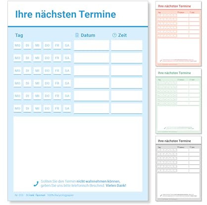 Frank Paperman® | 600 Terminzettel Praxis | 12 x Terminblock à 50 Blatt | blau | 6 Termine pro Zettel | für Ärzte. Heilpraktiker. Physio. Massage. Studios u.v.m.