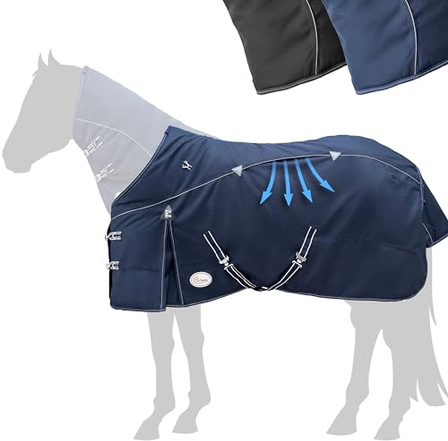 Esposita Airflow Outdoordecke Regendecke mit Fleece 200g Weidedecke Outdoordecke Übergangsdecke Champion Edition optimales Klima ohne Hitzestau 100% wasserdicht Pferdedecke 155cm Polarfleece Navy