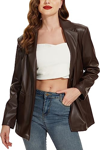 Fahsyee Women's Faux Leather Blazer Jackets Women, Chocolate Motorcycle Oversized Moto Biker Coat Vegan Pleather Size XL