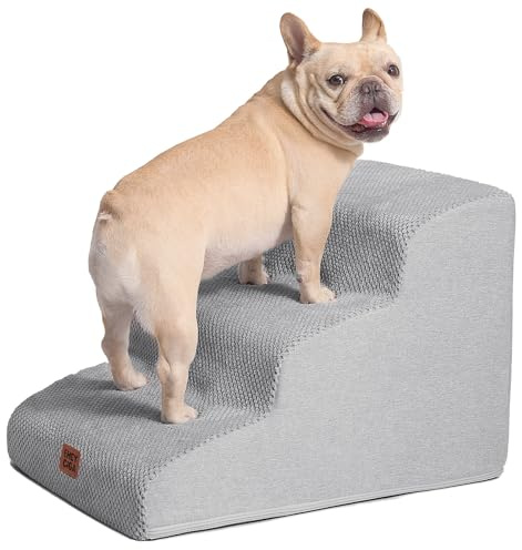 EHEYCIGA Curved Dog Steps for Bed, 3-Step Dog Stairs for Sofa, High Density Foam Pet Steps for Small Dogs and Cats, Pet Stairs for Couch, Non-Slip Dog Ramp with Washable Cover, 40x57x40cm, Light Gray