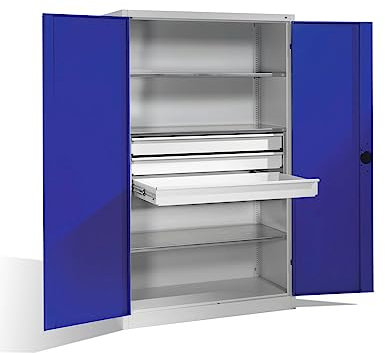 DENIOS Schwerlast-Werkzeugschrank Cabo, Drehtüren, 3 Böden, 3 Schübe, B 1200, T 600, H 1950 mm, grau/blau