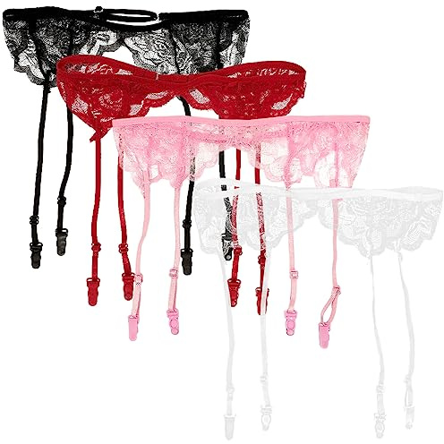 Satohom Women Lace Suspender Belt Plus Size Garter Belt Sexy Lingerie Set with 4 Strap and G-String for Stockings,Black,White,Red,One Size