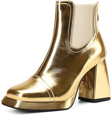 Carkuolary Womens Mode Side Zipper or Chaussons Chunky Heel Bottines Disco Costume Hiver Chaussures pour femme Filles Dames Taille 44