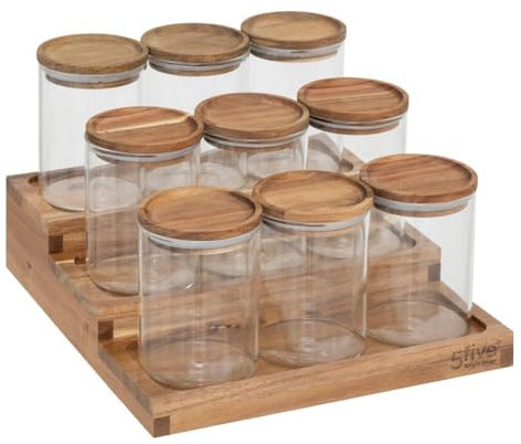 5five - présentoir à épices harmony avec lot de 9 bocaux en acacia