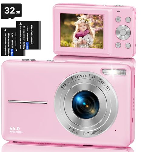 Digitalkamera Fotokamera mit 32GB Karte, 1080P FHD 44MP Kinder Kamera 2,4 '' LCD 16X Digital Zoom Kompaktkamera, Tragbare Fotoapparat mit 2 Akku, Kamera für Kinder, Teenager, Anfänger(Rosa)