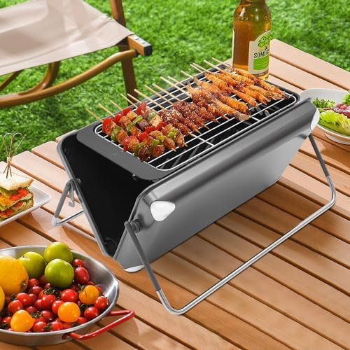 Tragbarer Campingkocher, Holzkohle & Gas 2-in-1 Klappgrill, Holzkohlegrill BBQ Koffergrill Camping-Grill Kohlegrill für Outdoor-Kochen, Grillen, Picknicks, Rucksacktouren, Schwarz