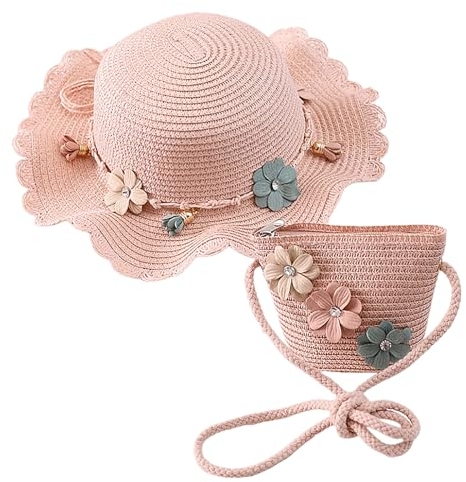 HIMKI Strohhut Tasche Set Kinder Sonnenhut Süßer Sommer Strandhut + Strohtasche für Mädchen Reisehut mit Blumendeko für den Urlaub Reise Outdoor, Kopfumfang: 52-54 cm (Stroh, Pink-A)