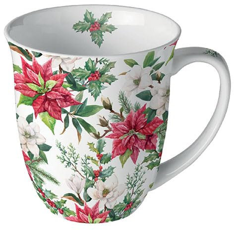 Ambiente Taza de café, taza de té, 0,4 l, porcelana fina, porcelana, estrella de Navidad, acebo, ramas, invierno, Navidad, Adviento, Navidad