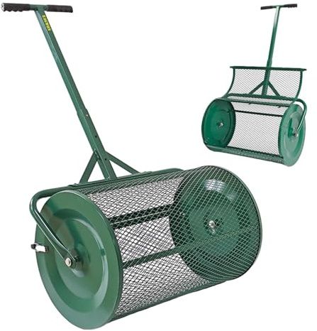 Compost Spreader, 24 Peat Moss Spreader, Roller Lawn Spreader with 3 Heights T Shaped Handle, Side Latches Powder Coated Steel Mesh Basket, Lawn & Garden Spreader for Spreading Manure Topsoil, Green