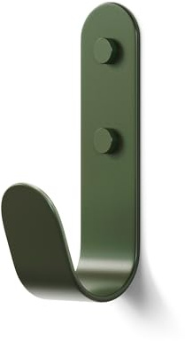 The Hairpin Leg Co. J-Hook Coat & Wall Hook, Forest Green, Single | Oversized curved 133mm steel hook; holds 15kg; 58mm projection; colour-matched caps; fixings & drilling template; indoor only