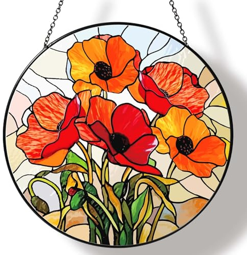 California Poppy Forest Sun Catcher 7.8'' Stained Glass Window Hanging Flower Lover Gifts for Women Christmas Red Poppy Wall Decor Handmade Suncatcher Decoration for Home Garden Housewarming Gifts