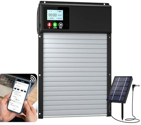 Automatische Hühnerstalltür mit WLAN-Fernbedienung, 2025 Upgraded 8000mAh Solarbetriebener automatischer Hühnerstallöffner mit LCD-Display & Timer & Lichtsensor, mit Anti-Pinch-Design