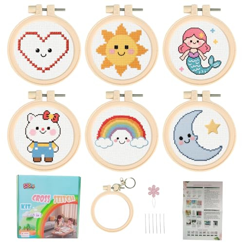 57lilina Kit Ricamo Bambini 6 Set, Punto Croce Kit da Ricamare Bambini Principianti Prestampato, Artigianato Manuale Cucito Divertenti per Regalo Bambina e Ragazzi, Facile Creativo Embroidery