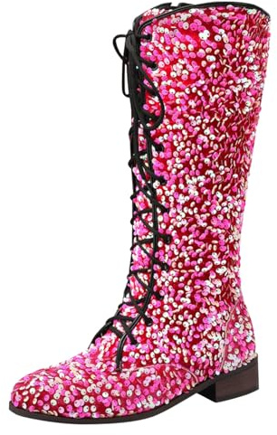 Generico Stivali Donna Nuovo Modello Moda Decorazione Paillettes Retro Stringate Tacchi Spessi Bassi Comode (Red, 37)