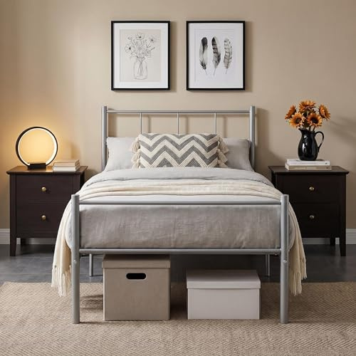 Panana 3Ft Single Bed Frame Solid Metal Bed Frame Modern Style with Headboard & Footboard (Silver)
