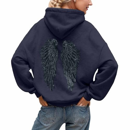 Generisch Oversize Felpa con Cappuccio da Donna Elegante e Confortevole con Paillette e Ali d'Angelo Autunno/Inverno Hoodie Grigio Tendenza Streetwear Felpa con Cappuccio Morbida e Casual Pullover