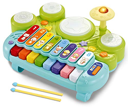 Fisca 3 in 1 Musical Instruments Toys, Electronic Piano Keyboard Xylophone Drum Set - Learning Toys with Lights for Baby & Toddler 1 2 3 Year Old Boys and Girls