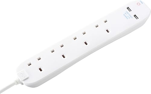 Masterplug 4 Gang Extension Lead with 2 USB Chargng Sockets, 1 Metre, White