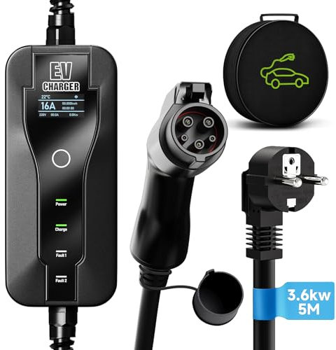 AFYEEV 3.6kW Ricarica Auto Elettrica Portatile, Cavo Ricarica Auto Elettrica Tipo 2, 8/10/13/16A Corrente Regolabile, Cavo Ricarica Auto Elettrica, 5M con Borsa (SAE J1772)