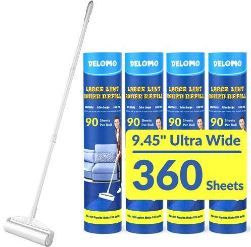 Große Fusselrollen für Teppich, klebrige Rollen für Boden DELOMO 24 cm mit 3 ausziehbaren Griffen, langer Griff, klebriger Mopp zum Reinigen von Teppichen, Autos, Kleidung und Tierhaaren
