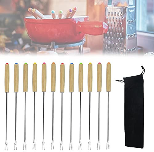 ZACUDA 12 PCS Tenedores de Fondue de Acero Inoxidable Tenedores para Chocolate Horquillas para Fondue con Mango de Madera Pinchos de Fondue Tenedores para Fondue de Queso Frutas Asados malvaviscos