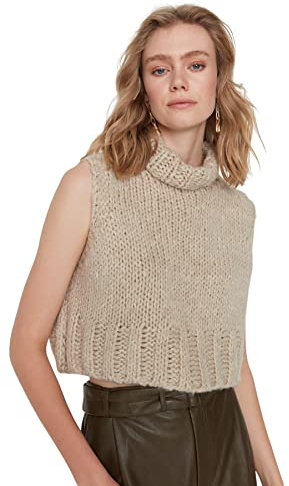Trendyol Chaleco de Punto de Cuello Redondo estándar Ajustado para Mujer Suéter, Stone, M