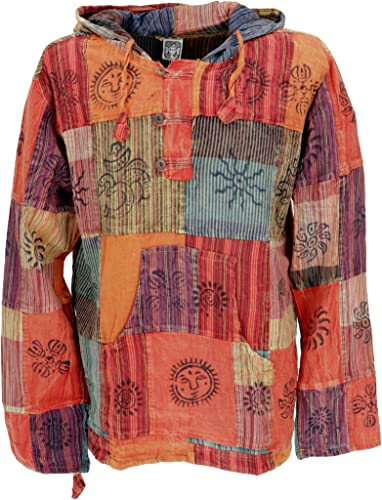 GURU SHOP Yoga Hemd, Goa Hemd, Unikat Patchwork Sweatshirt, Leichter Freizeit Hoodie - Rostorange, Herren, Baumwolle, Size:XL
