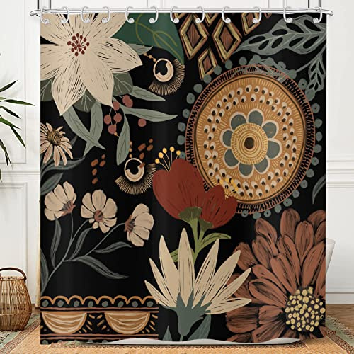 Hnmdmyi Duschvorhang Schwarz Boho Blumen 180x200, Vintage Abstrakt Bohème Blume Botanisch Badewanne Vorhang Mid Century Modern Ästhetisch Retro Wasserdicht Polyester Stoff Waschbar Badevorhang