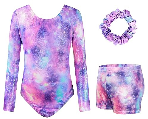 Surgoal Gymnastics Leotards for Girls with Short Long Sleeve Sparkle Ballet Dance Unitard Gymnastics Athletic Outfit 3Pcs for Kids 3-12 Years