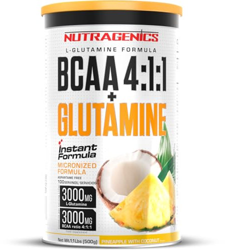 Nutragenics BCAA 4 1 1 + Glutamine - BCAA Glutamina - BCAA Glutamine - BCAA 4 1 1 en polvo y glutamina con sabor - 500 g (Piña colada)