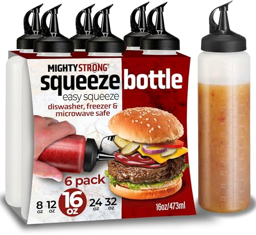 6 Pack Condiment Squeeze Bottles for Sauces and Liquids – 16 oz Plastic Refillable Squirt Bottles for Ketchup, Oils, and Condiments – Multipurpose Condiment Containers for Kitchen, BBQ & Cooking