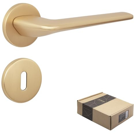 APECS Maniglia per porta interna moderna per porta di casa e porta interna con rosette quadrate, maniglia per porta dorata opaca, set di maniglie con materiale di fissaggio, accessori per porta