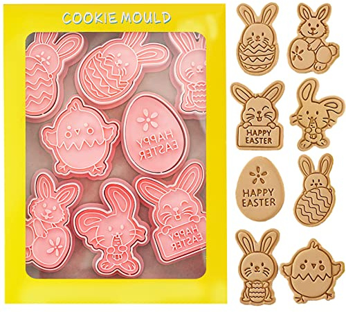 Juego de 8 cortadores de galletas de Pascua en 3D con forma de conejo de Pascua, para niños, huevos de Pascua, pollitos y galletas