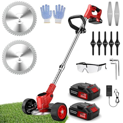 Desbrozadora con Batería, Cortabordes de Césped con 2 Baterías de 21 V y 3 Tipos de Cuchillas, Barra de Guía Telescópica Ajustable, Cortadora de Bordes de Rueda, Mini Cortadora de Césped para Jardín