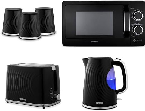 Tower Sonar Black 1.7L 3KW Kettle, 2 Slice Toaster, Tea, Coffee, Sugar Canisters and T24042BLK 800W 20L Microwave in Black. Stylish Matching Kitchen Set of 6 in Black