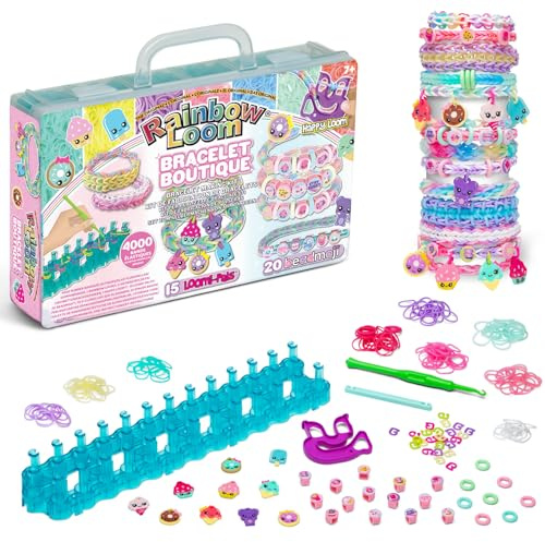BANDAI - Rainbow Loom Boutique – Coffret Fabrication Automatique de Bracelets Élastiques - Loisir Créatif - Contient 4000 Élastiques, Crochets, Beadmojis, Charms - Jouet Enfant 7 ans et + - CD0186