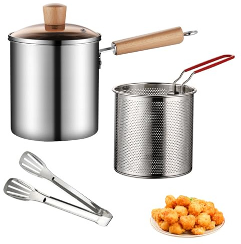 2 Set Deep Fat Fryer Pot with Oil Filter Basket,304 Stainless Steel Chip Pan,Mini Fryers French Fries Pot, Tempura Chips,Pasta Making Basket Heating Food Pot,Fish, Chicken Handle Fryer 3.2L