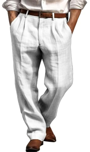 Sac avant en lin pour homme avec double plis - Tube droit - Couleur unie - Confortable - Respirant - Décontracté - Pour tous les jours - Vacances - Pantalon pour homme - 44 x 30, blanc, M