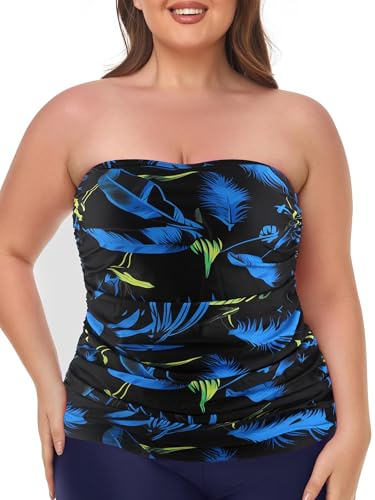 Ocean Blues Tankini da donna senza spalline, con controllo della pancia, solo top, Stampa piuma, XL