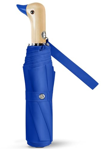 Natuquebrela Duck Handle Umbrella Compact - Automatic Folding Portable Lightweight Pocket Small Strong Wooden Duck Windproof Travel Umbrella for Kids Adult