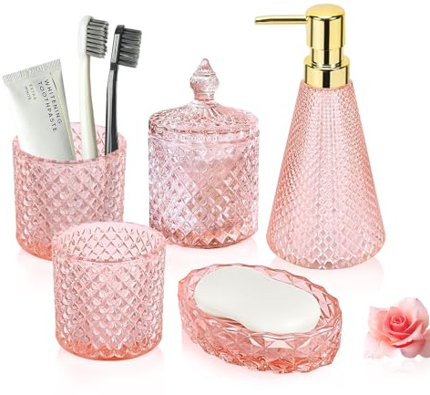 5 Stück Glas Badezimmer Zubehör Sets, Seifenspender Set mit Seifenspender, Seifenschale, Zahnbürstenhalter, Wattestäbchen Kanister, Becher, Badezimmer Deko Set, Badezimmer Organizer (rosa)