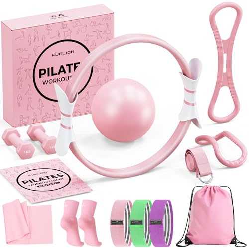 Fuelion Premium Pilates Ring Set 16 in 1 Pilates Kit with 14 Magic Circle, Mini Ball, 3 Resistance Bands, Yoga Accessories, 2lb Dumbbells, Bag&Workout Guide,Pilates Equipment for Home Workouts-Pink