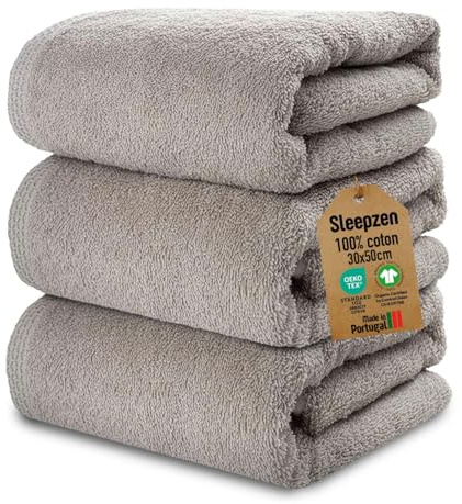 SLEEPZEN - Juego de Toallas de Baño 30x50, Juego de 3 - Beige, en Algodón Orgánico Certificado Gots - 500 g/m² - Ultra absorbentes - Extra Suaves - Fabricadas en Portugal - Certificadas Oeko-Tex