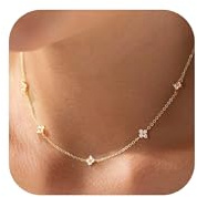 HARJJME Dainty Silver Gold Necklaces for Women Trendy Non Tarnish Four Leaf Clover Pearl Heart Diamond Necklaces 14K Gold Plated Charm Choker Necklace for Jewellery Gift (A-Flower Necklace-Gold)