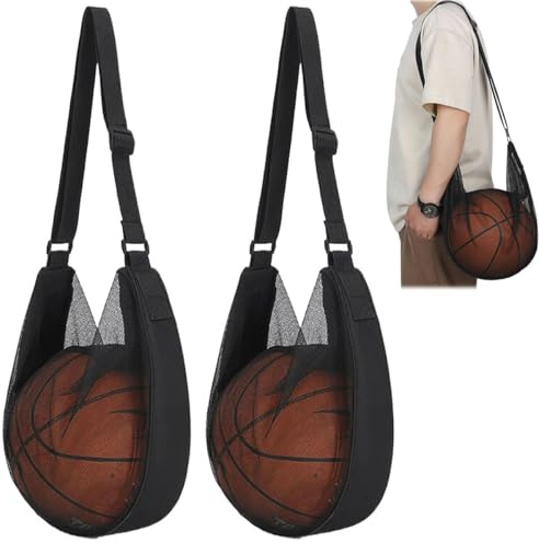 Rosqmor 2 Stück Ballnetz 1 Ball, Ballsack Basketball Netz Verstellbare Umhängetasche, Ball Aufbewahrung Netzbeutel Basketball Rucksack, Schwarz Netzsack Trainingsrucksack für Fußball, Tennis