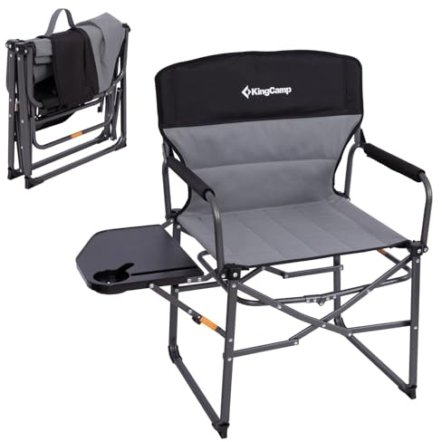 KingCamp Sedia Compatta da Regista Pieghevole, Fino al 200 kg, Sedia da Campeggio con Tavolino Laterale e Braccioli Imbottiti, Sedie da Pesca Portatile Durevole per Campeggio Spiaggia Picnic BBQ